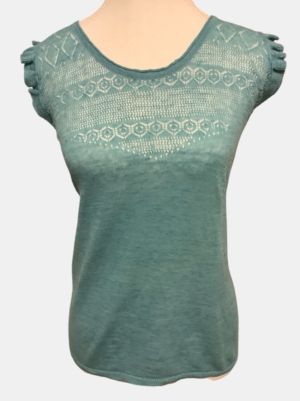 Yerse Linen Blend Knit Top Ruffle Sleeve Lace Detail Teal Size L NWT